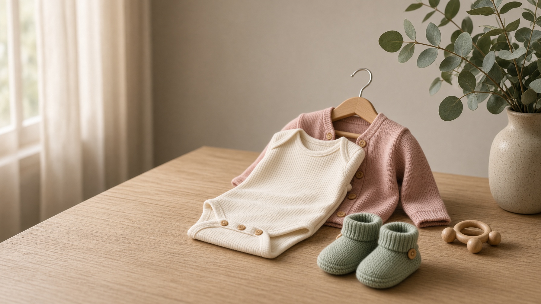 A sunlit still life of Mini Studio garments on ivory linen