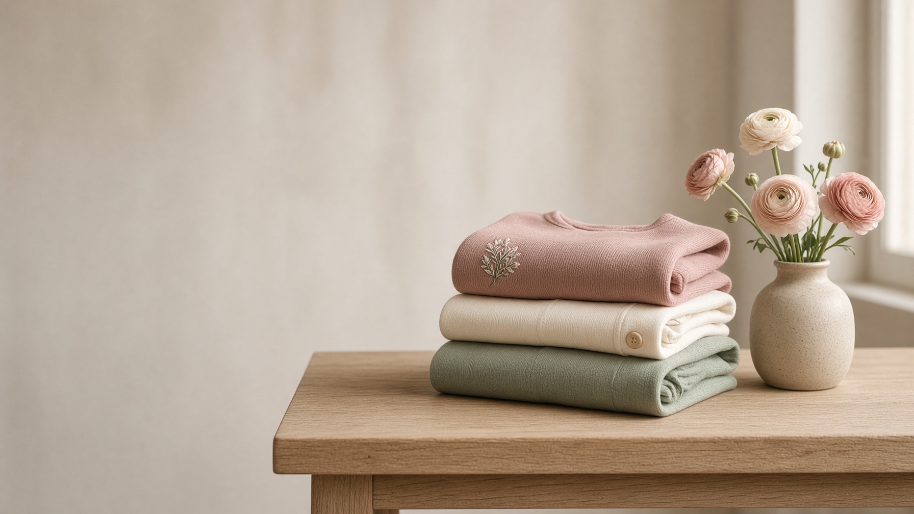 Folded Mini Studio garments with ranunculus on oak
